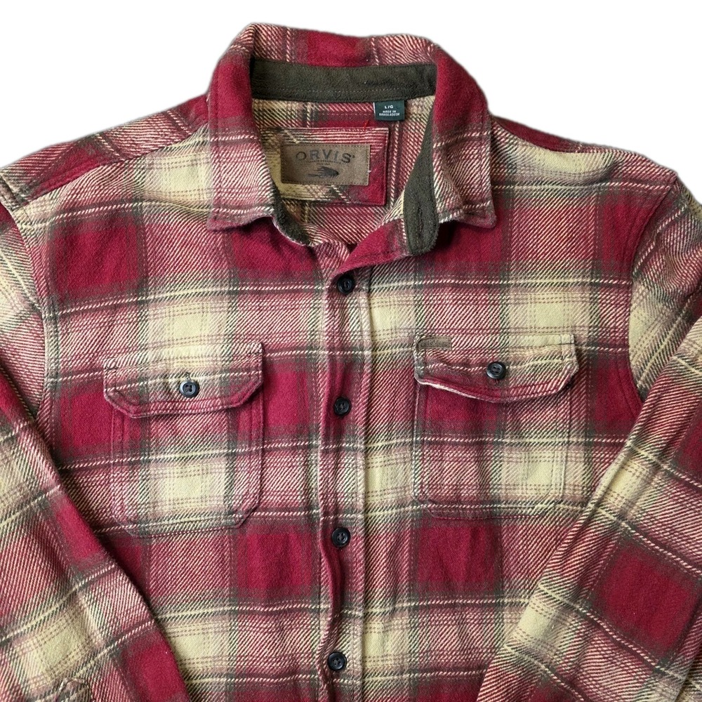 ORVIS Heavy Flannel Chamois Men's Large Button‎ Up Shirt Plaid Red With Pockets